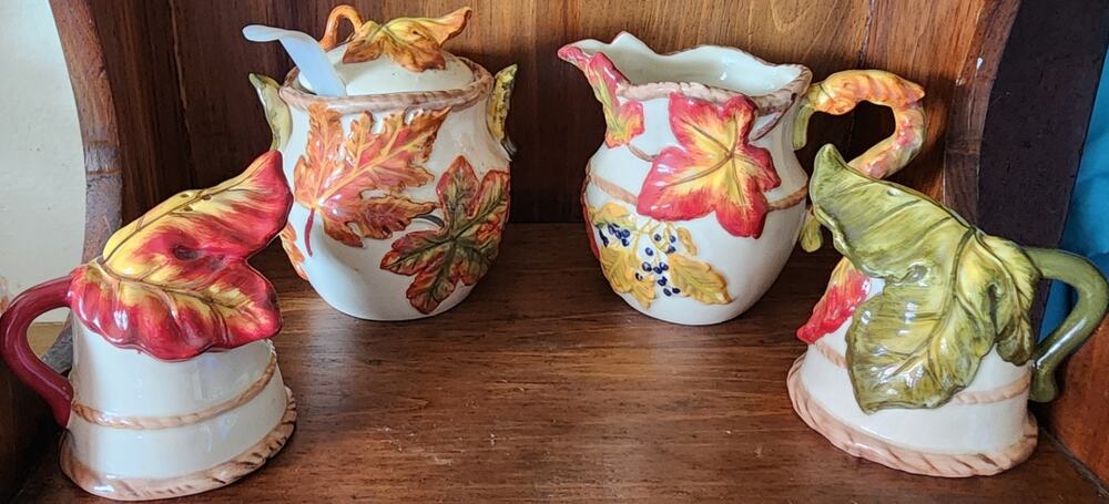 Bico China Autumn Leaves Sugar Bowl, Creamer, Salt & Pepper Shakers Fall Colors